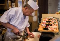 Sushi chef at work in Otaru on Hokkaido Island, Japan